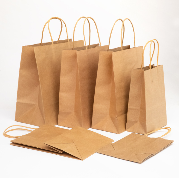 Atacos logotipo personalizado Impresso embalagens recicladas compras bolsa de papel kraft saco de papel com alças planas