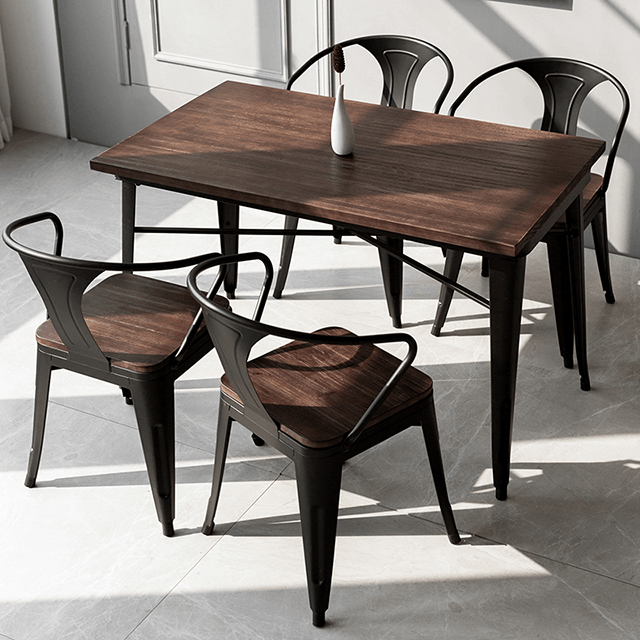 Mesa de jantar de madeira maciça mesa de ferro forjado e combinação de cadeira